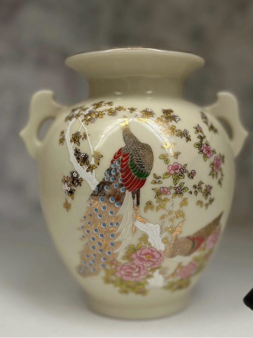 Authentic Vintage Satsuma Ceramic Japan Vase,Peacock & Floral Motif